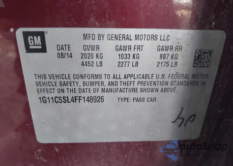 2015 Chevrolet Malibu 1Lt из США, поврежденный, VIN 1G11C5SL4FF148926